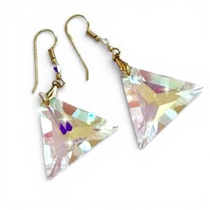 Vintage Aurora Borealis Crystal Triangle Drop Dangle Earrings